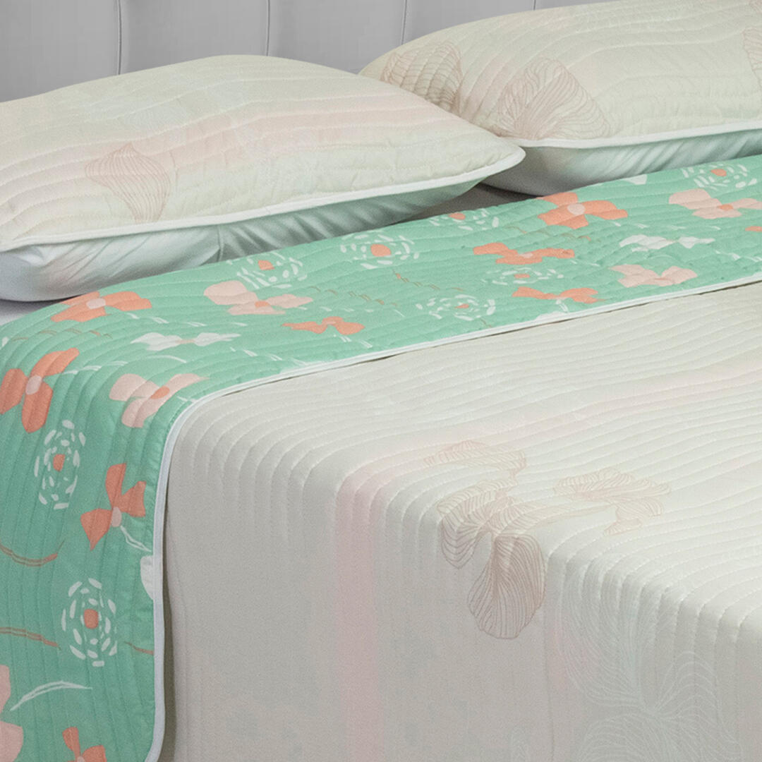 Cubrelecho Tipo Español Doble Faz Verde Beige Flores Confortable