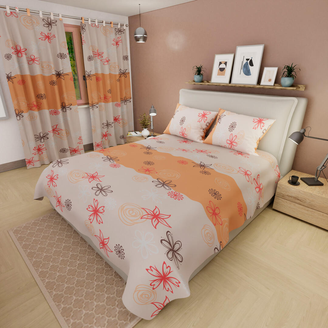 Juego De Sábanas Con Cortinas Naranja Patrón Flores Ultra Suave