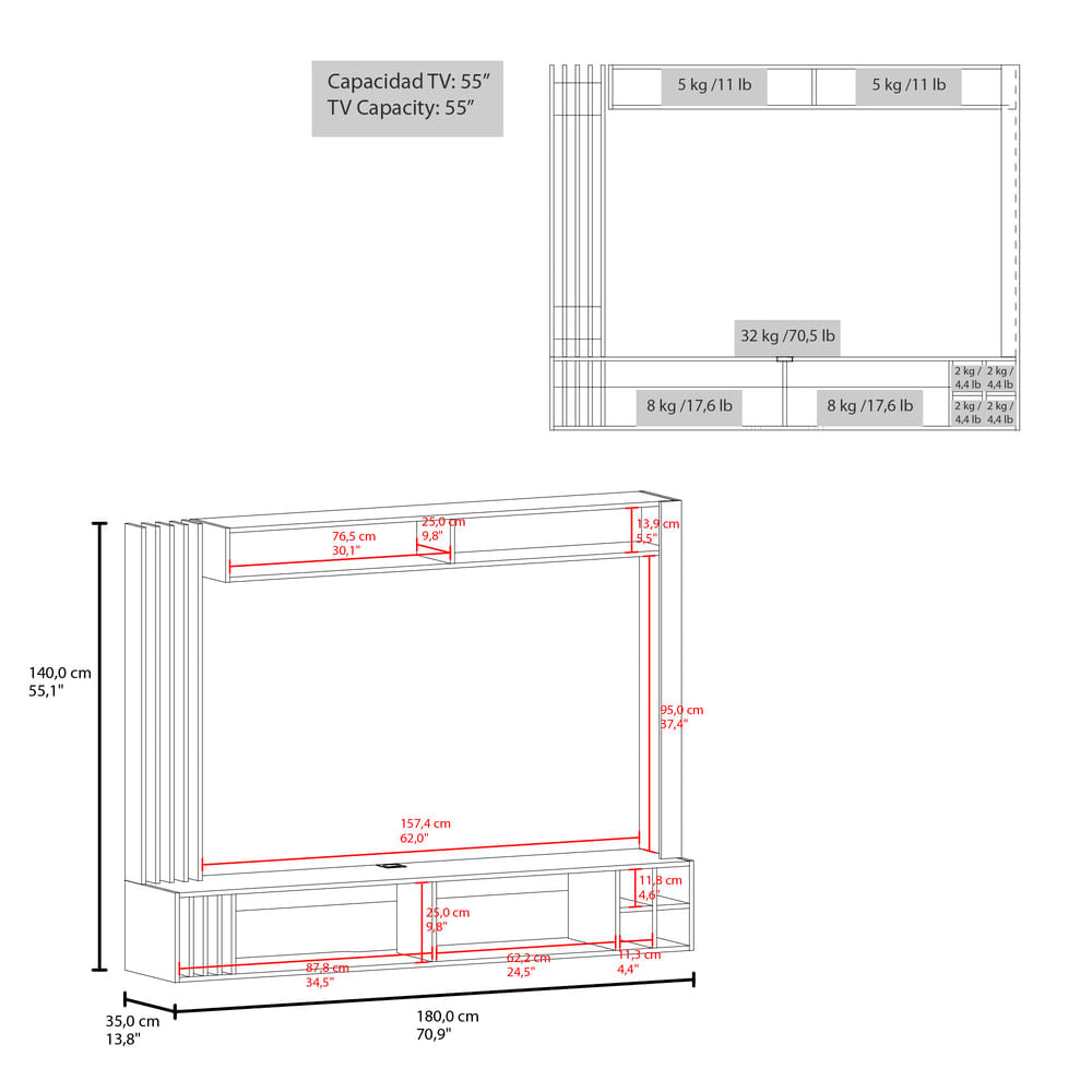 Centro De Entretenimiento Bremmen 55" 140X180X35 Rta Wengue Nogal Zf