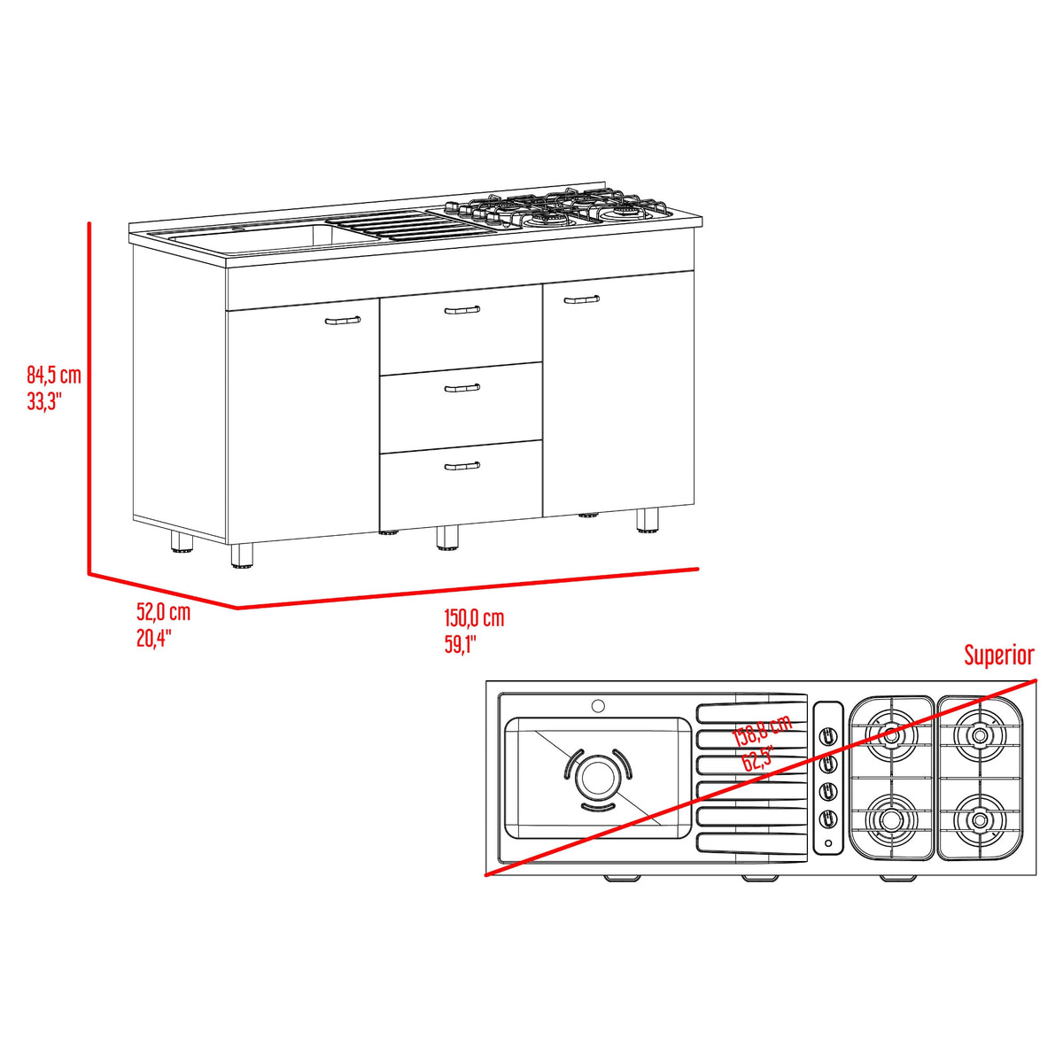 Mueble Inferior De Cocina Izq Lumina 84X150X52 Rta Blanco Positano