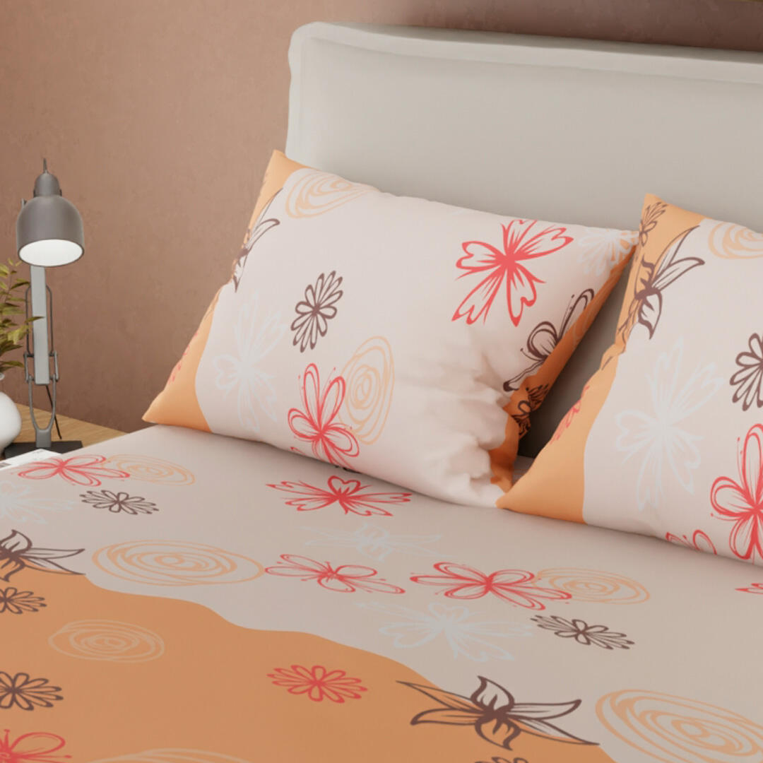 Juego De Sábanas Con Cortinas Naranja Patrón Flores Ultra Suave