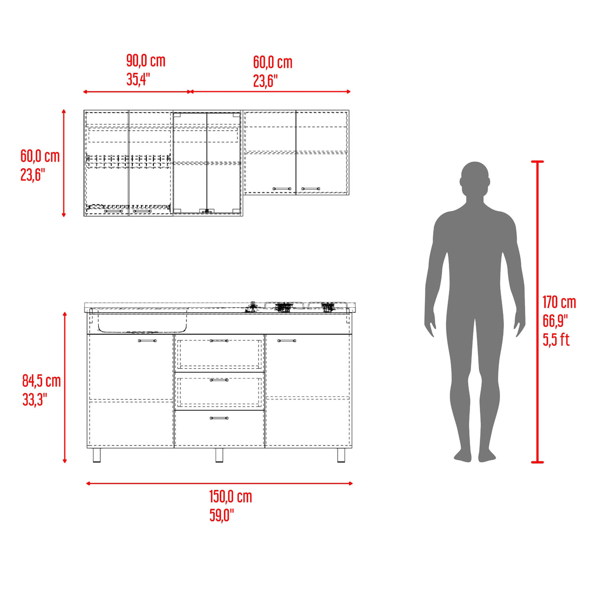 Cocina 150 Lumina Izq 60X150X31 Rta Blanco Positano