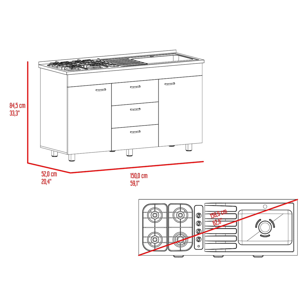Mueble Inferior De Cocina Der Lumina 84X150X52 Rta Blanco Positano