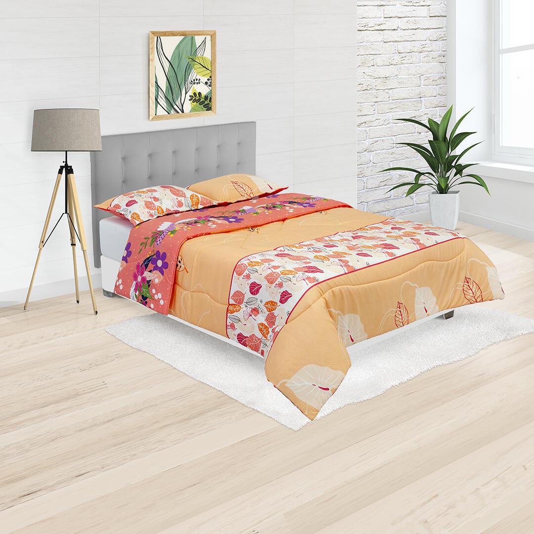 Cubrelecho Semiacolchado Doble Faz Plantas Marinas Rojas Blancas Fondo Naranja Claro