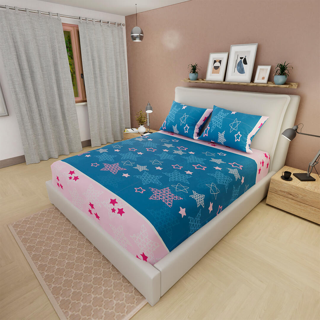 Sabana Ajustable Estrellas Fondo Rosado Con Azul