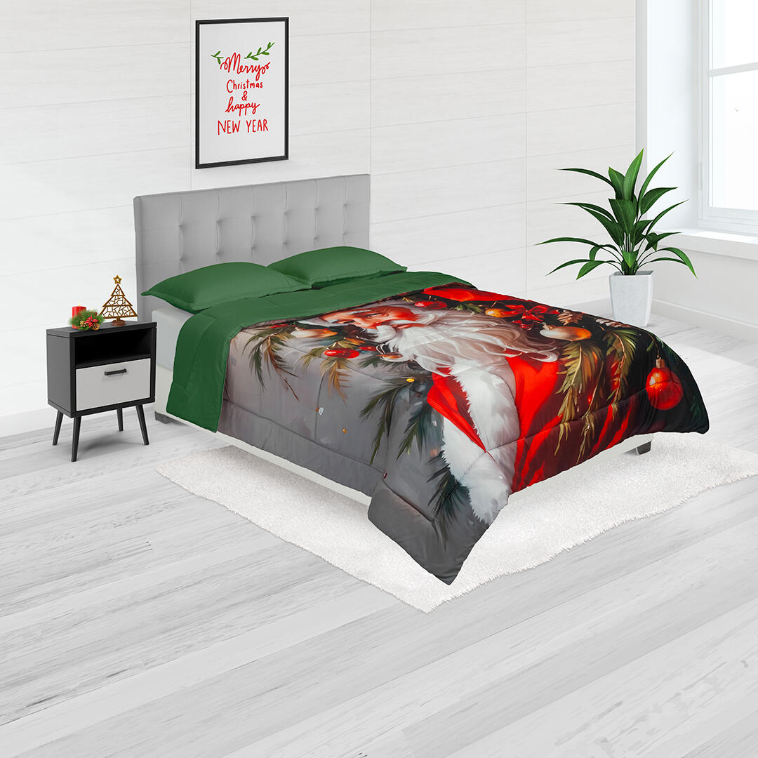 Cubrelecho Doble Faz Navidad De Papa Noel Solo Fondo Verde