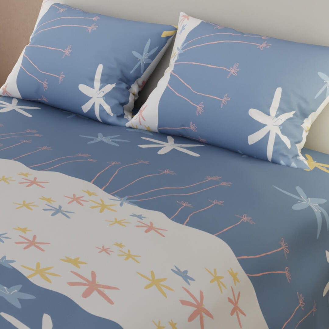 Juego De Sábanas Con Cortinas Flores Amarillas Blancas Fondo Lila