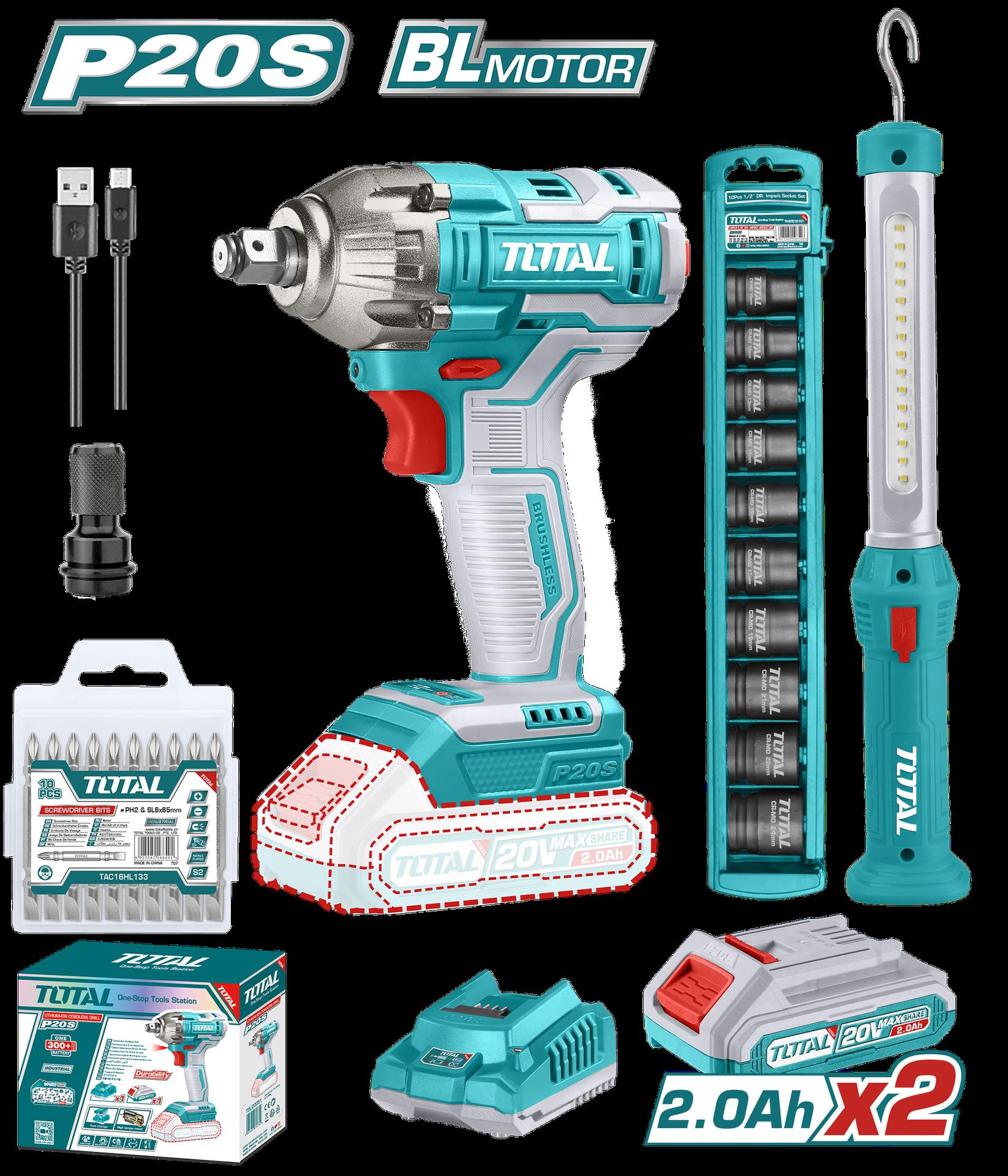 Pistola Impacto Inalambrica 12 20V 300 Nm Incluye 2 Baterias 1 Cargador 1 Lampara De Trabajo 1 Adaptador Y 10 Puntas Taladro Total Utosli231004