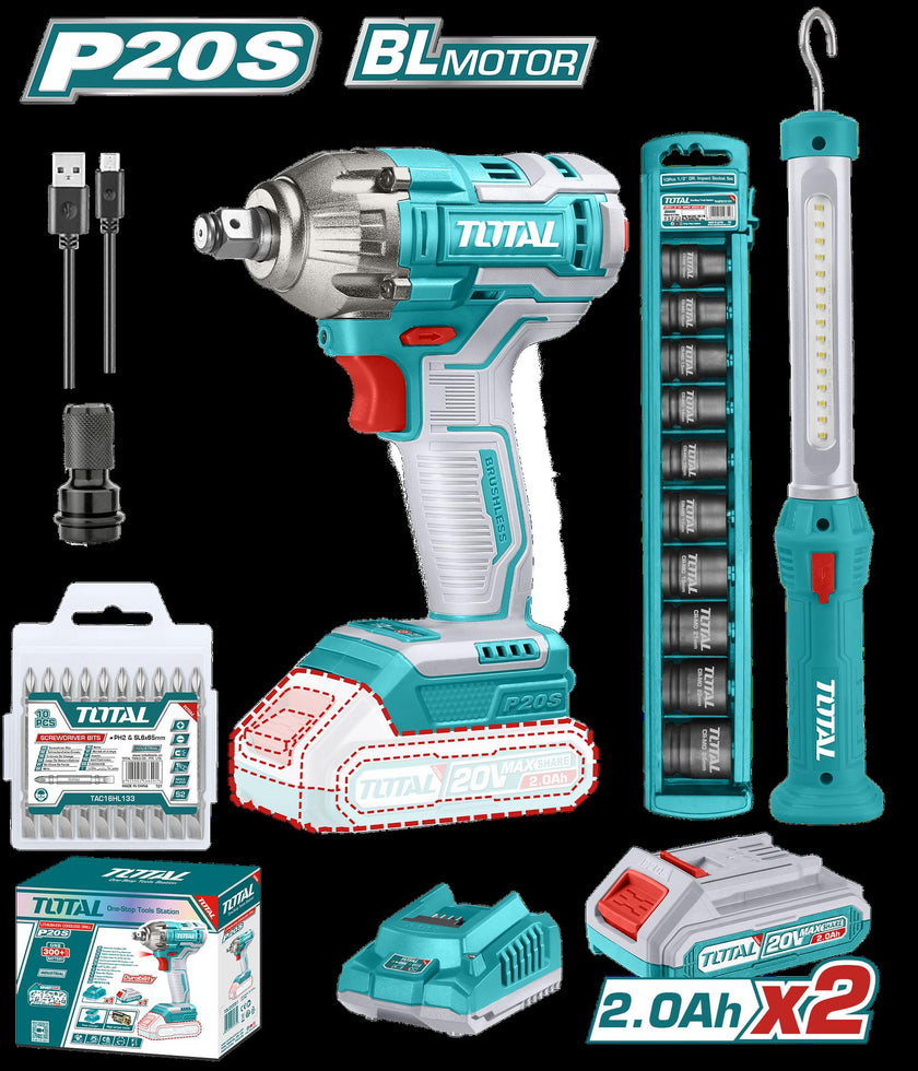 Pistola Impacto Inalambrica 12 20V 300 Nm Incluye 2 Baterias 1 Cargador 1 Lampara De Trabajo 1 Adaptador Y 10 Puntas Taladro Total Utosli231004