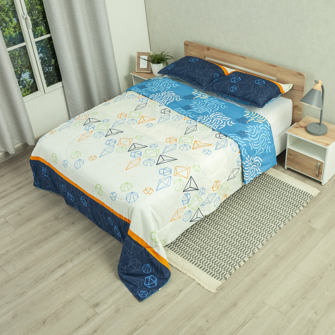Cubrelecho Semiacolchado Doble Faz Primavera Geo Azul