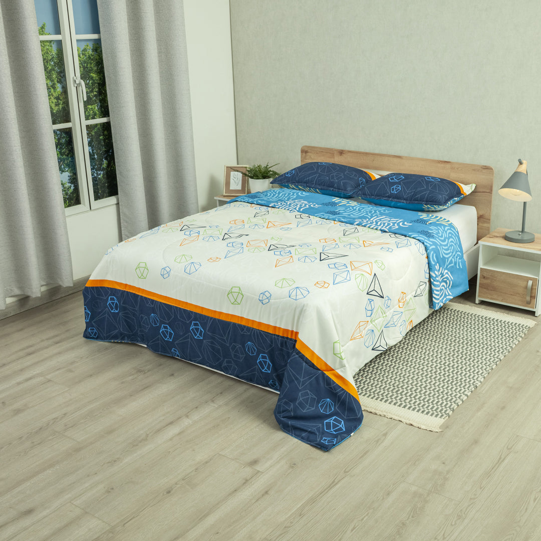 Cubrelecho Semiacolchado Doble Faz Primavera Geo Azul