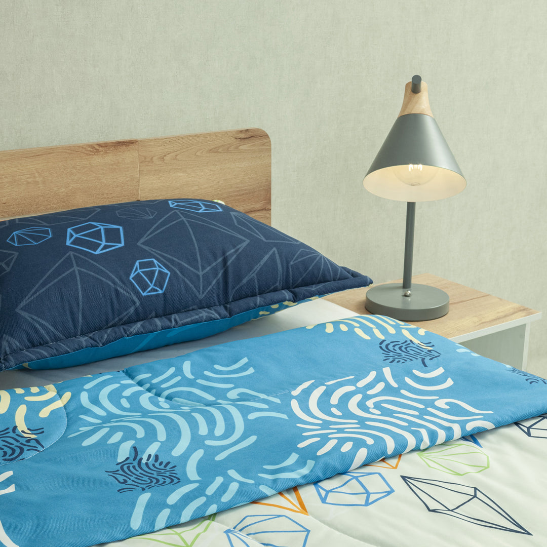 Cubrelecho Semiacolchado Doble Faz Primavera Geo Azul