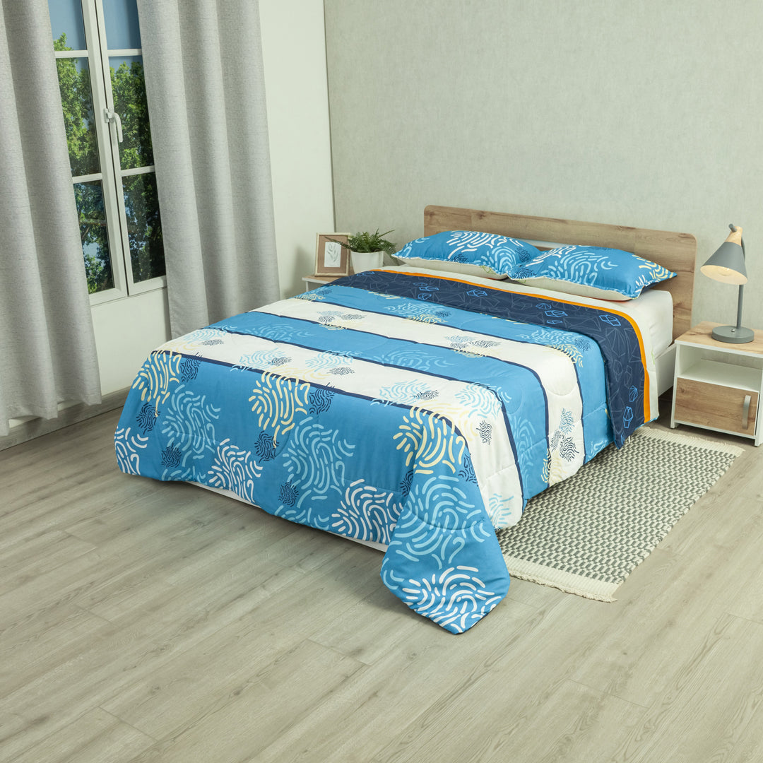 Cubrelecho Semiacolchado Doble Faz Primavera Geo Azul