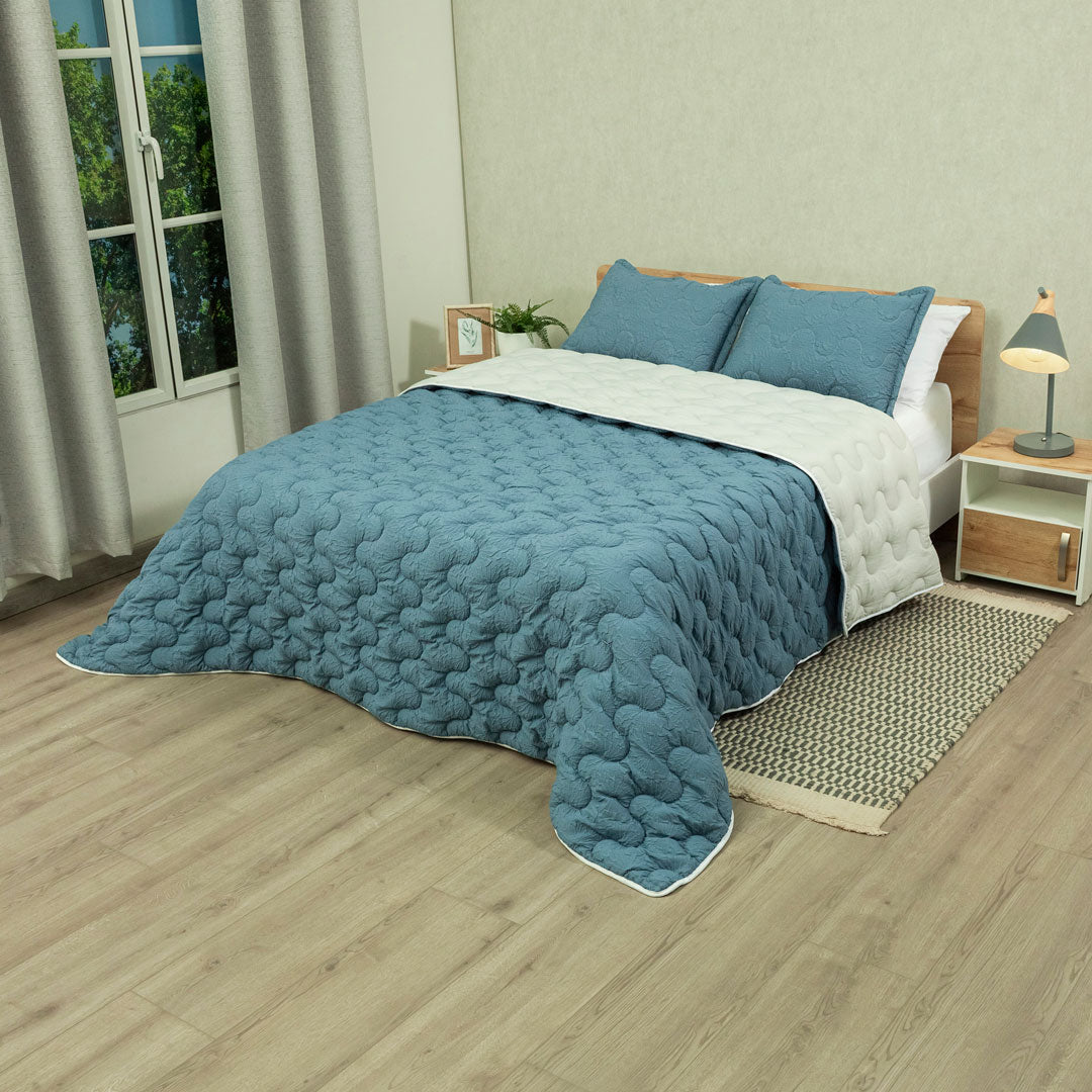 Cubrelecho Flora Azul - Blanco