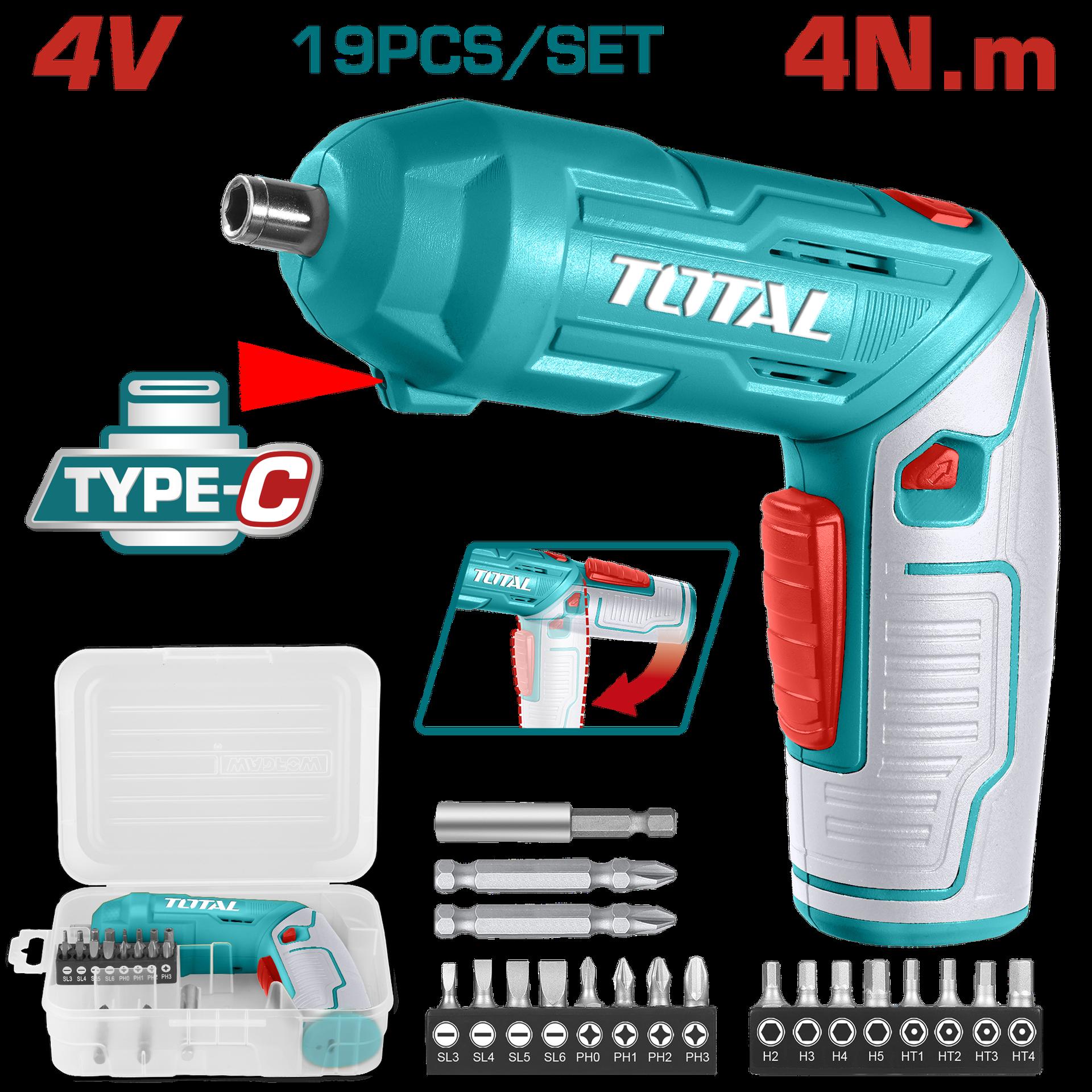 Atornillador Inalambrico 4V Estuche Plastico  16 Puntas Taladro De 25Mm 2 De 50Mm Super  Total Tsdli0442