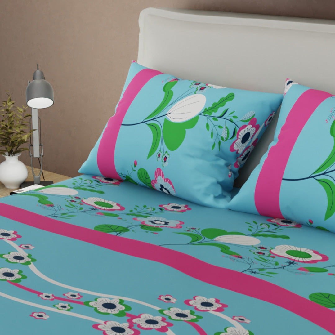 Juego De Sábanas Con Cortinas Floralia Coral Azul