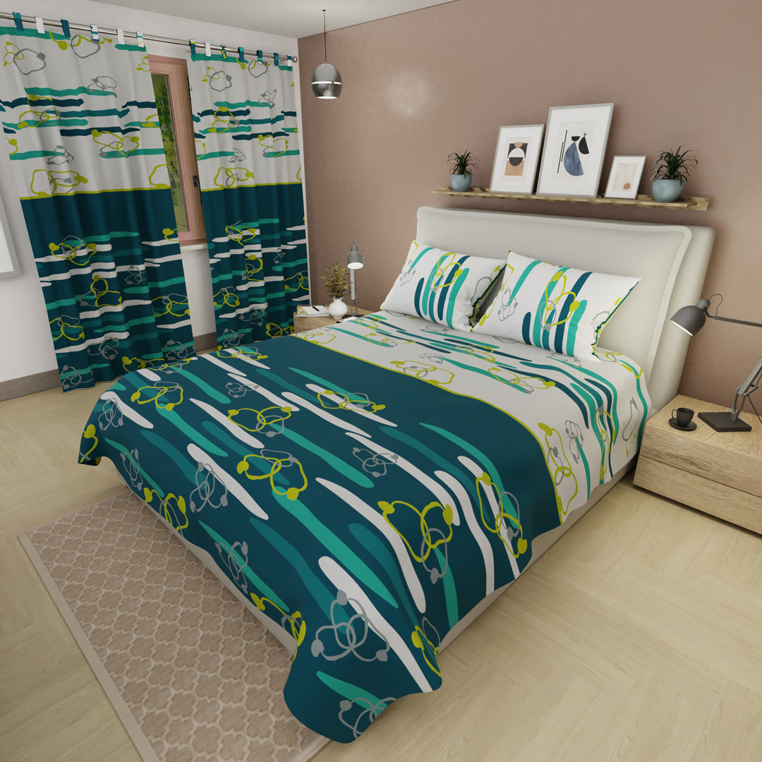 Juego De Sábanas Con Cortinas Líneas De Océano Verde