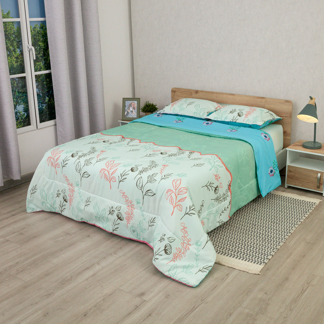 Cubrelecho Semiacolchado Doble Faz  Floralia Coral Azul