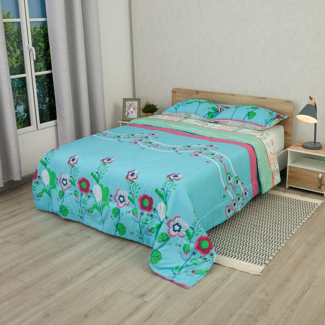 Cubrelecho Semiacolchado Doble Faz  Floralia Coral Azul