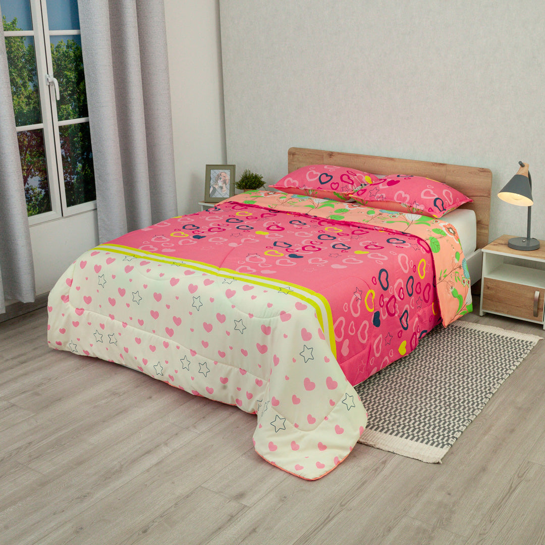Cubrelecho Semiacolchado Doble Faz Explosión De Amor Rosa