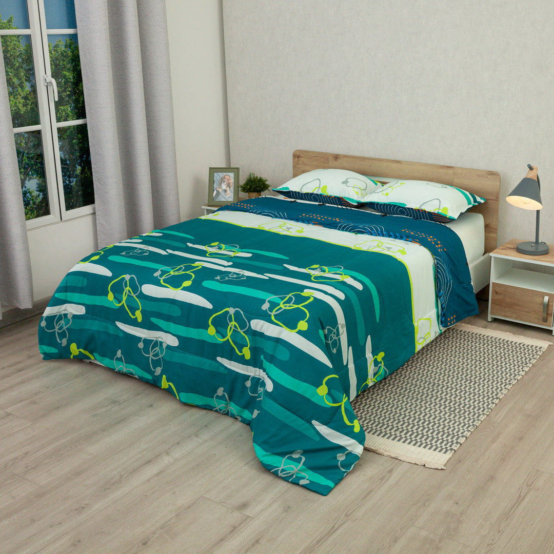 Cubrelecho Semiacolchado Doble Faz Líneas De Océano Verde