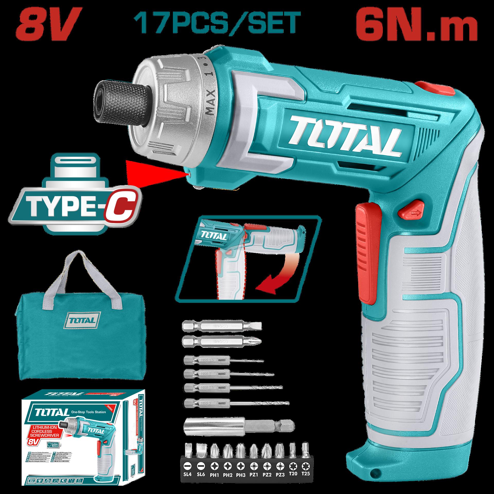Atornillador Inalambrico 8V Estuche Plastico  17 Piezas  Total Tsdli0802