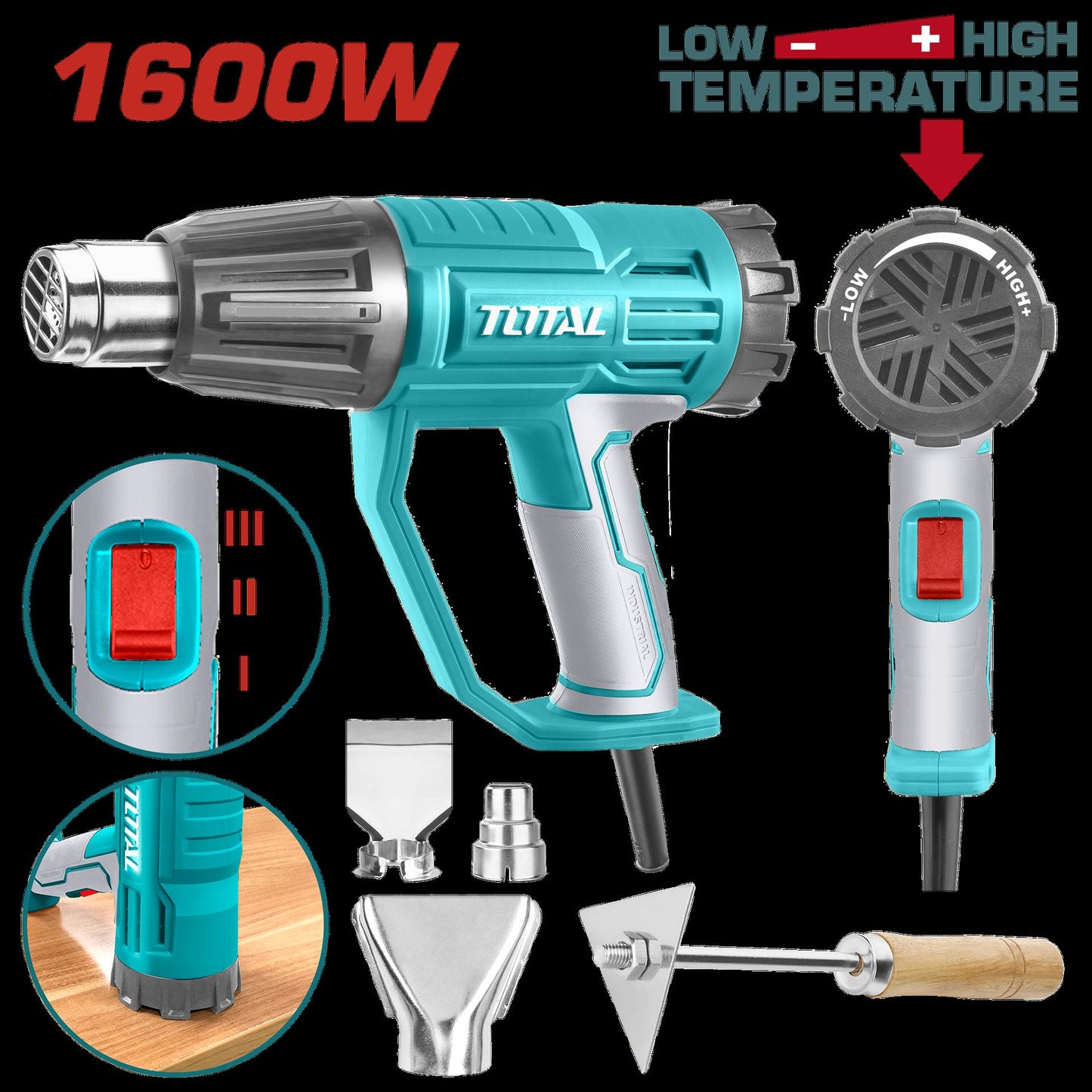 Pistola Calor Con Temperatura Ajustable 1600W Incluye 3 Boquillas Y 1 Rascador Industrial Total Utb16045