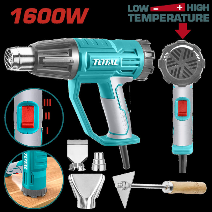 Pistola Calor Con Temperatura Ajustable 1600W Incluye 3 Boquillas Y 1 Rascador Industrial Total Utb16045