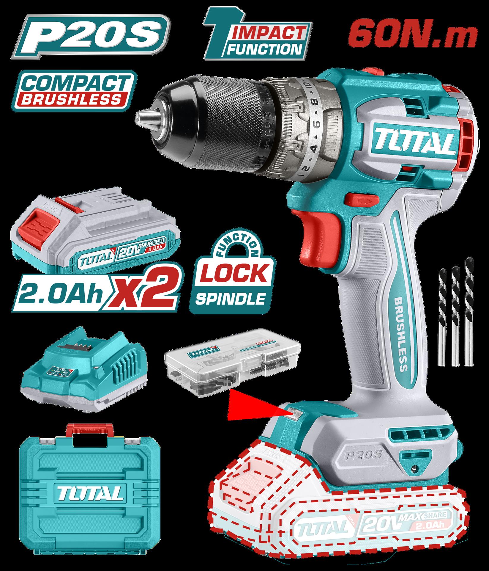 Taladro De Impacto Inalambrico 12 20V Incluye 2 Bateria De 20Ah Cargador47 Accesorios3 Brocas Concreto Total Utidli20602