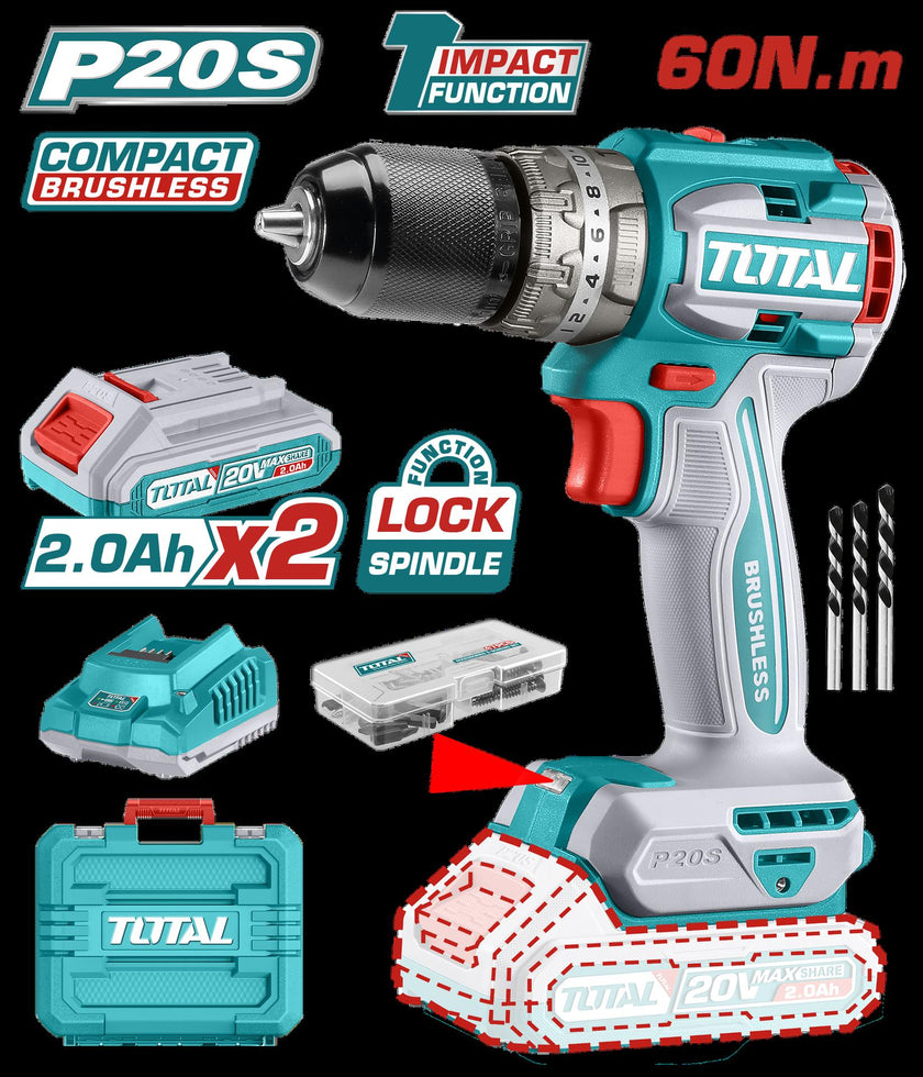 Taladro De Impacto Inalambrico 12 20V Incluye 2 Bateria De 20Ah Cargador47 Accesorios3 Brocas Concreto Total Utidli20602