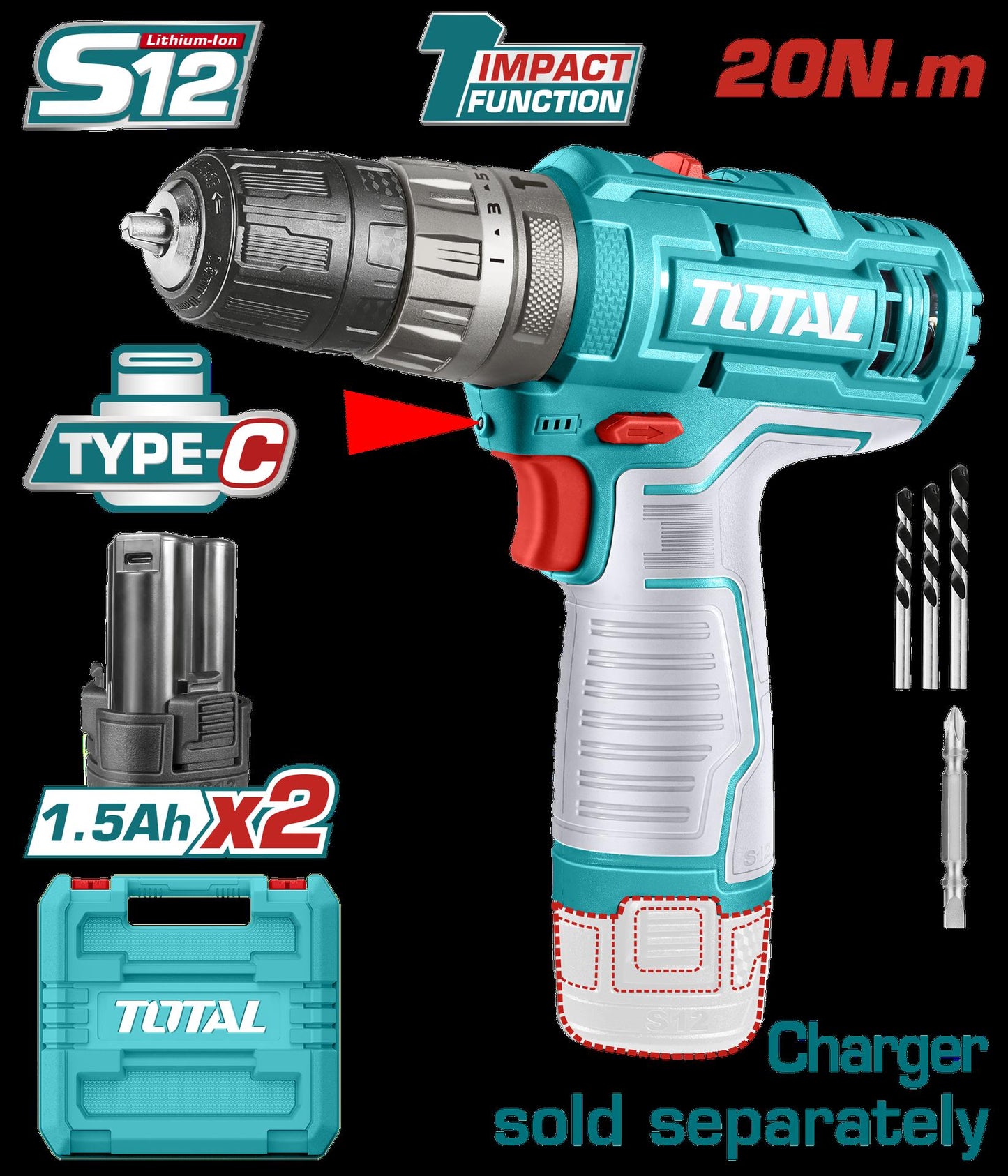 Taladro Inalambrico 38 12V Incluye 2 Baterias 15 Ah Super Total  Tidli12202