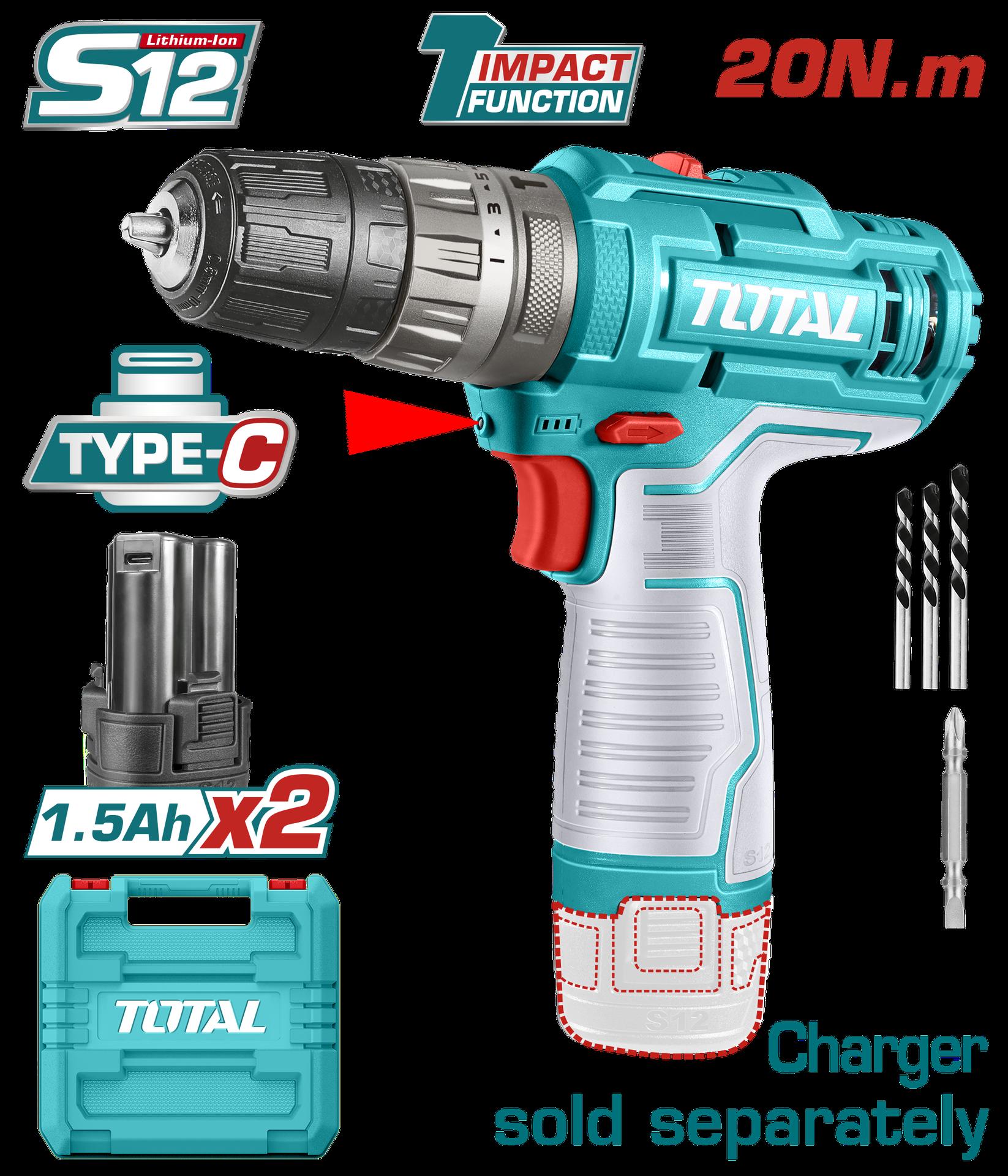Taladro Inalambrico 38 12V Incluye 2 Baterias 15 Ah Super Total  Tidli12202