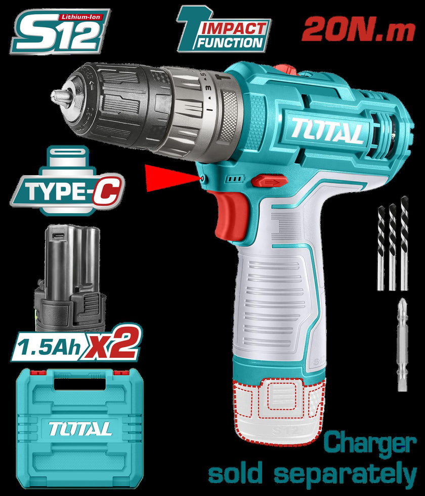 Taladro Inalambrico 38 12V Incluye 2 Baterias 15 Ah Super Total  Tidli12202