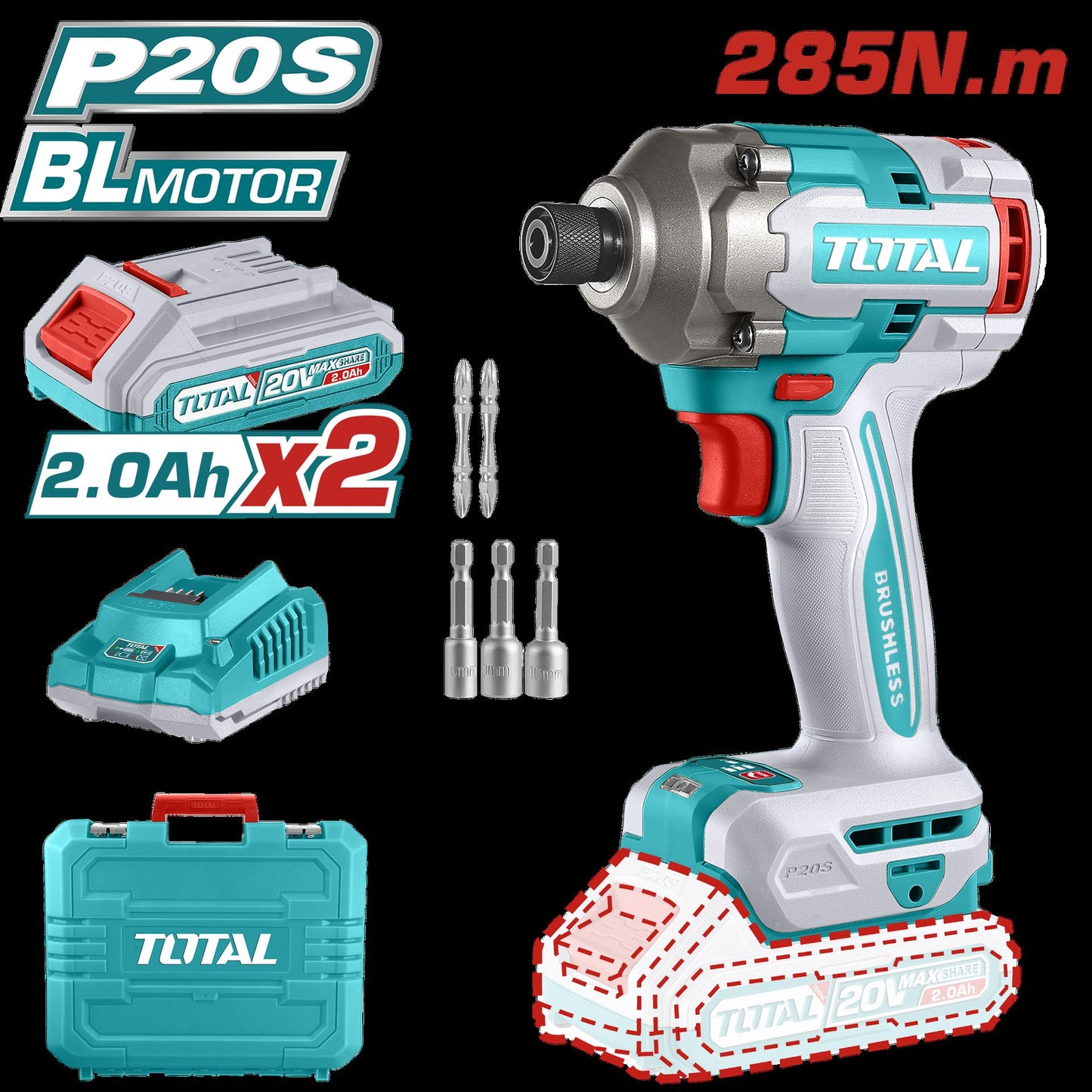 Atornillador De Impacto Inalambrico 14 20V Incluye 2 Baterias Cargador Y 5 Accesorios Caja Plastica Industrial Super Total  Utirli2028