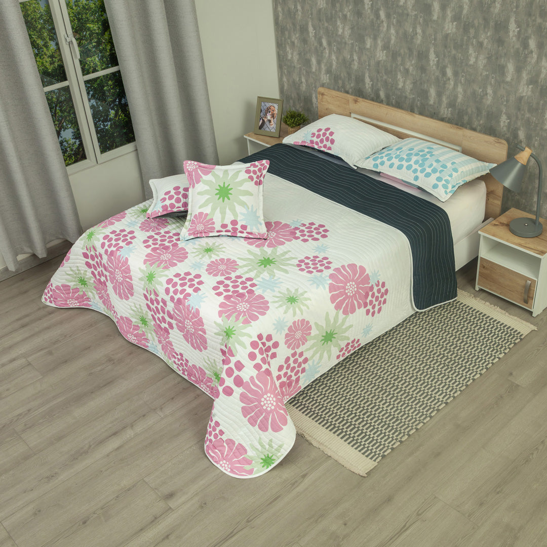 Cubrelecho Estampado Prensado Doble Faz Petalias En Azul