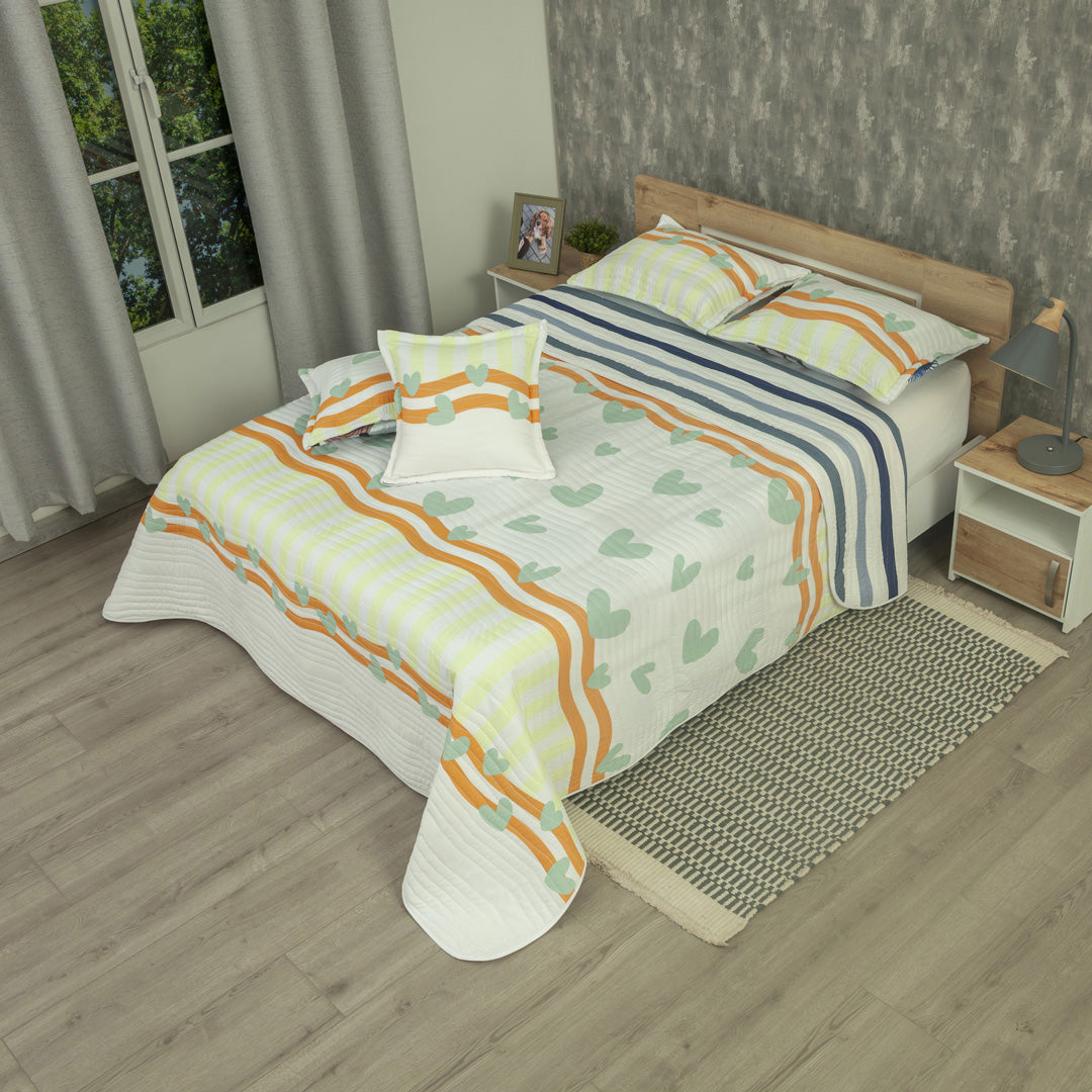 Cubrelecho Estampado Prensado Doble Faz Sol De Tierra Azul