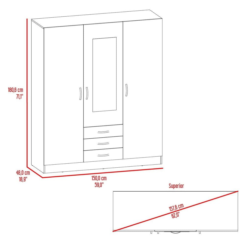 Armario 3P 3C Con Espejo 180X150X48 Rta Wengue Zf