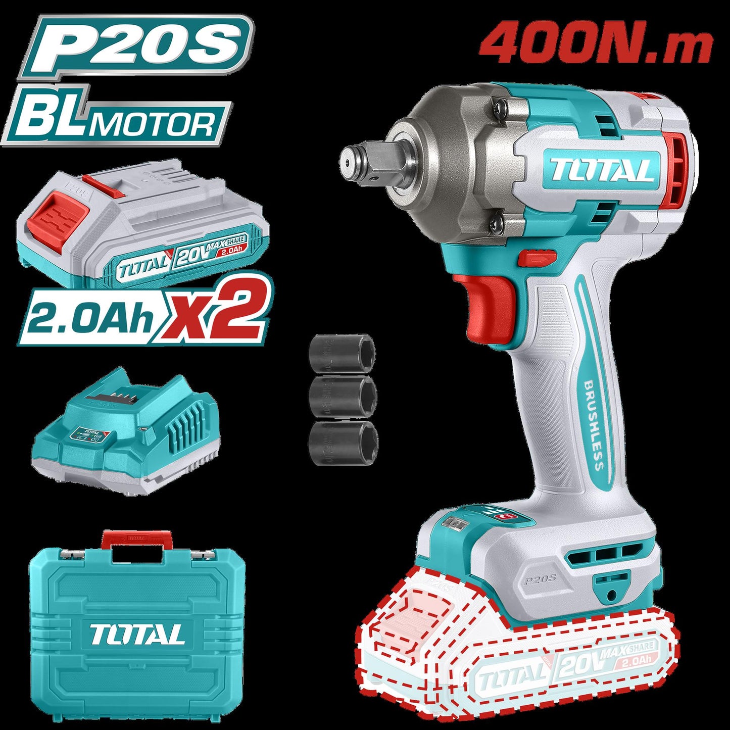 Pistola Impacto Inalambrico 12 20V 400Nm Incluye 2 Baterias 1 Cargador Y 3 Copas 171921 Mm Industrial Total Utiwli2040