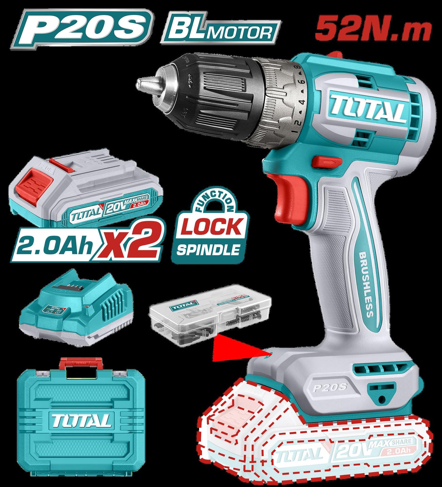 Taladro Inalambrico 132 38 20V 52Nm Incluye 2 Bateria De 20Ah Cargador47 Accesorios Total Utdli20453