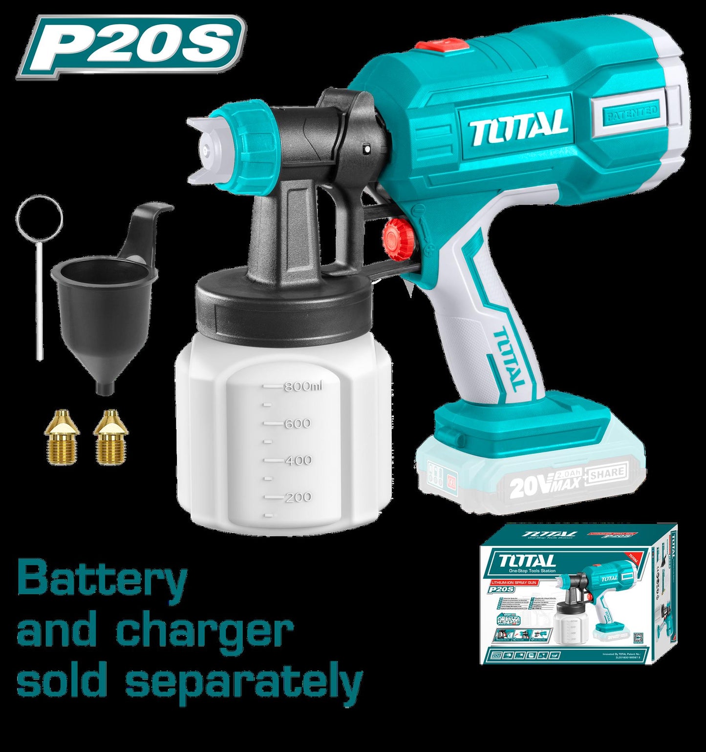 Pistola Pintar Inalambrica 800Ml 20V Incluye Aguja De Limpieza Y Dos Boquillas Bateria Y Cargador No Incluido Total Tsgli2003