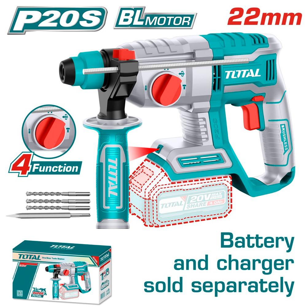 Taladro Rotomartillo Inalambrico Sds Plus 20V 20 Joules Industrial Incluye 3 Brocas Y 1 Cincel Bateria Y Cargador No Incluido Total Trhli20208