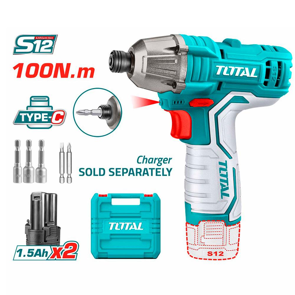 Atornillador De Impacto Inalambrico 14 12V 100Nm  Incluye 2 Baterias 2 Punta Taladro Y 3 Copas  Caja Plastica Super Total Tirli12015