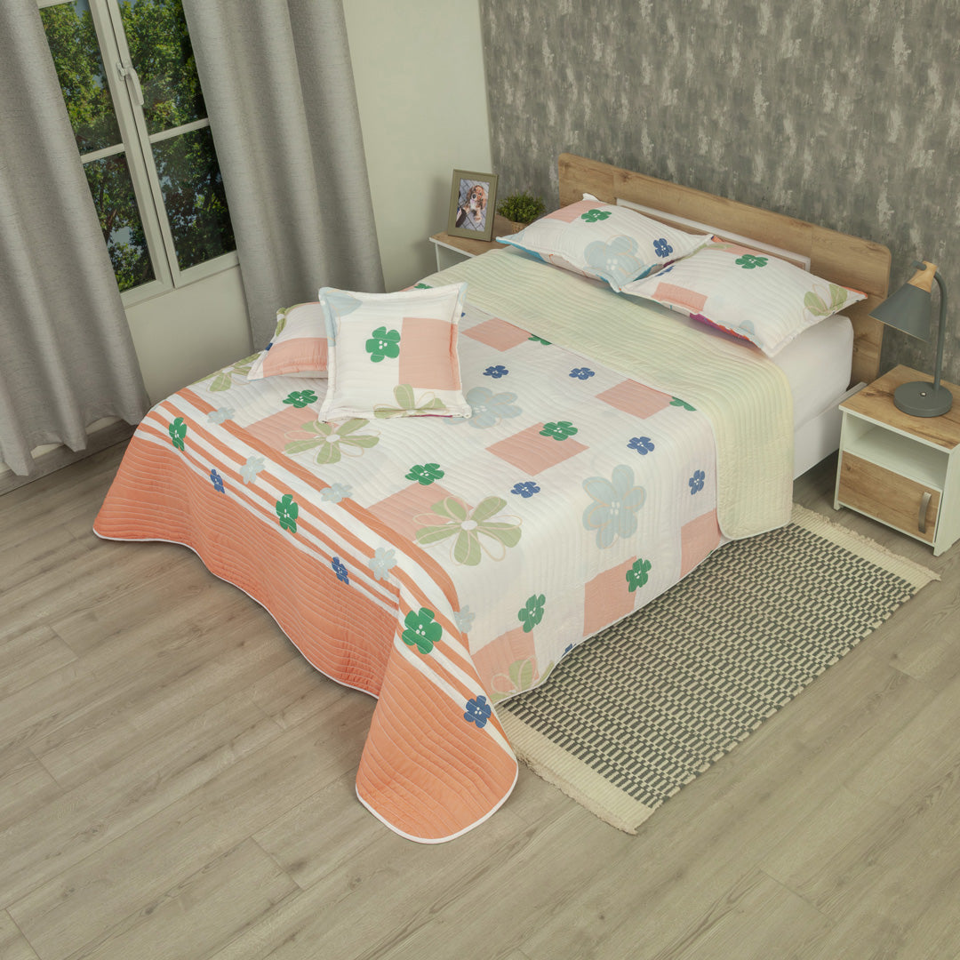 Cubrelecho Estampado Prensado Doble Faz Rosella Floral Salmon