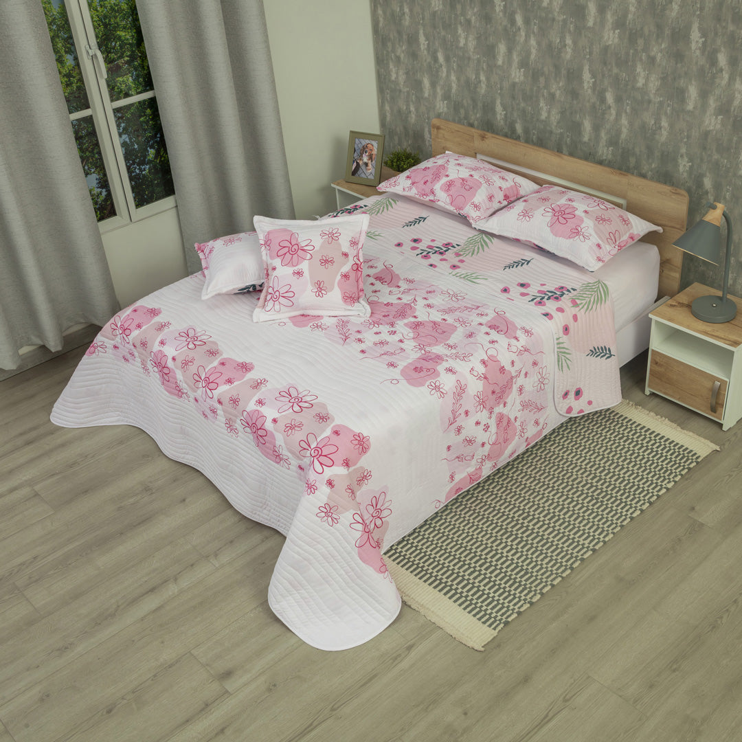 Cubrelecho Estampado Prensado Doble Faz Entre Océano Floreciente