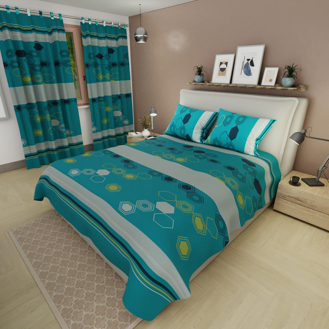 Juego De Sábanas Con Cortinas Pixel Grid Azul