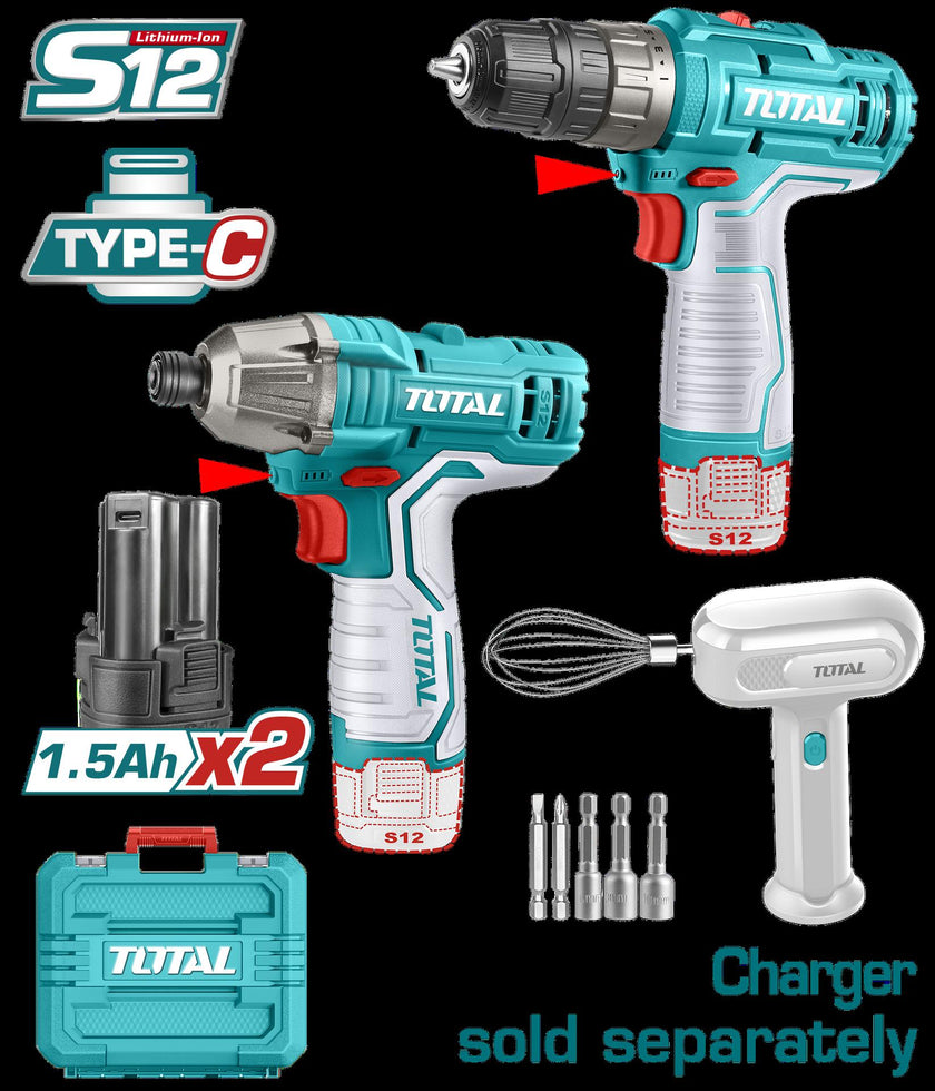Combo Inalambrico Atornillador De Impacto   Taladro 38  Incluye 6 Accesorios   Dos Baterias 15Ah  Batidora Cargador Se Vende Por Separado Total Tosli240205