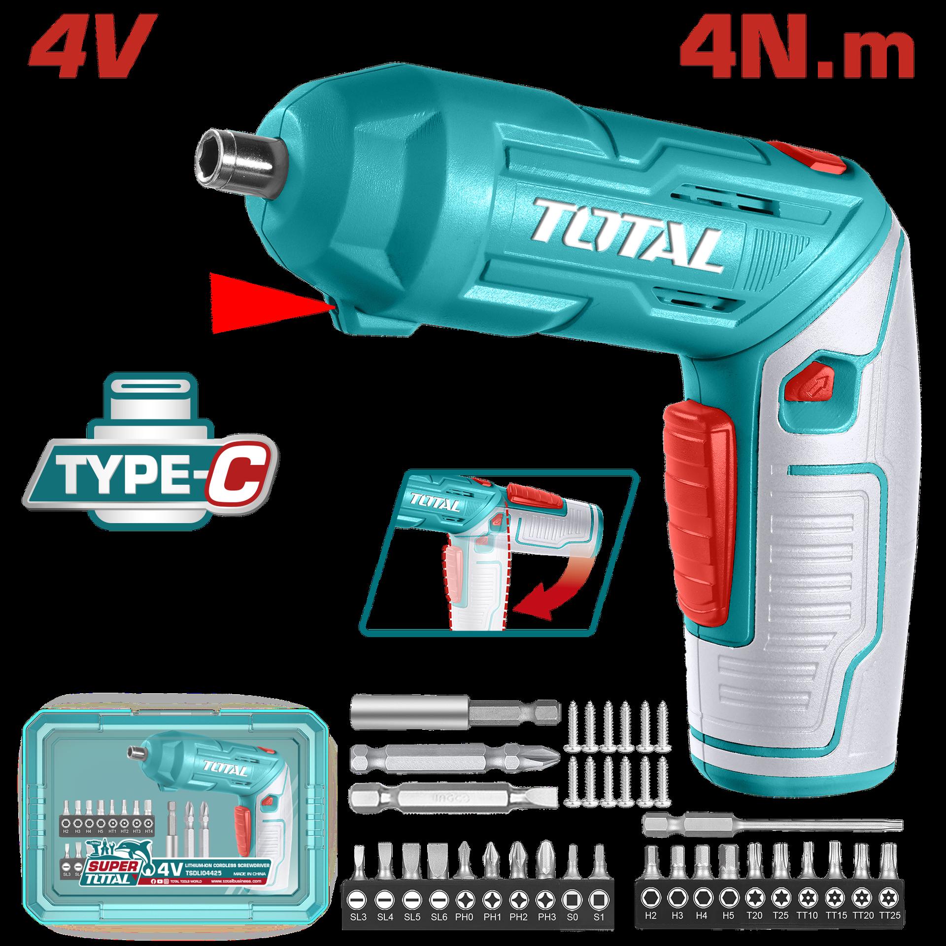 Atornillador Inalambrico 4V Estuche Plastico  20 Puntas Taladro De 25Mm 2 De 50Mm 1 Broca Y Conector Super  Total Tsdli04425