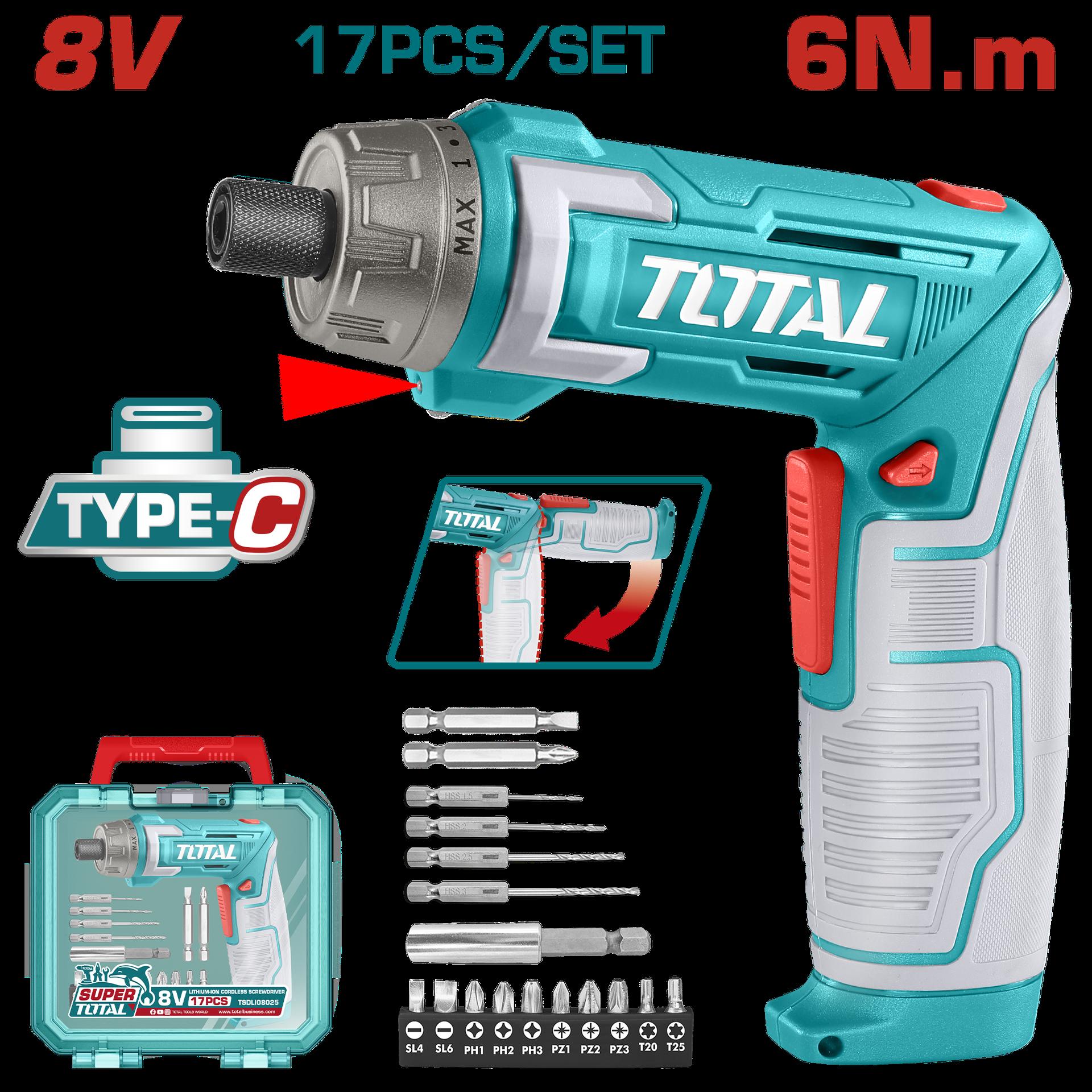 Atornillador Inalambrico 8V 6Nm Estuche Plastico  17 Piezas  Total Tsdli08025