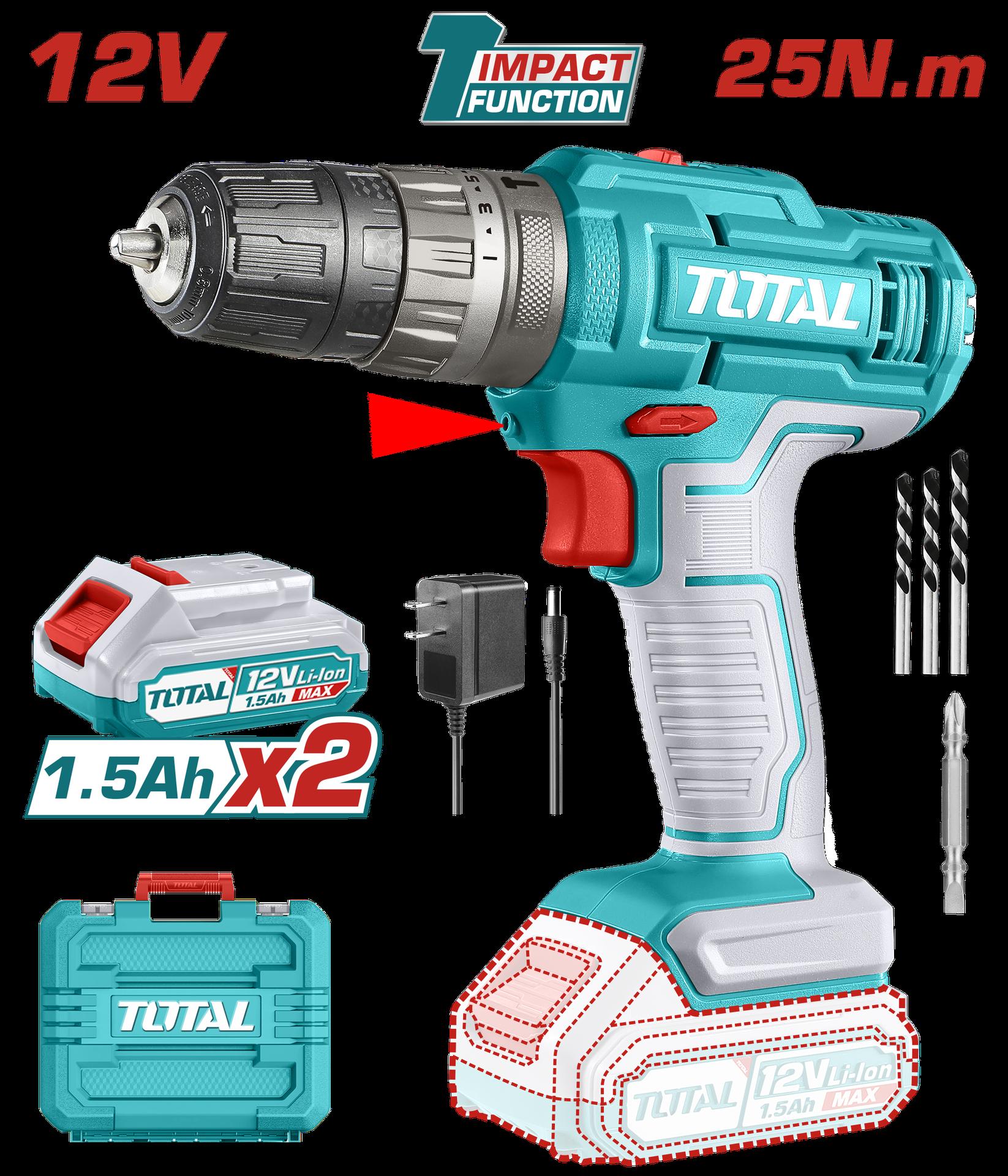 Taladro De Impacto Inalambrico 38 12V Incluye 2 Baterias 1 Cargador 3 Brocas Y  1 Punta Taladro  Super Total Utidli1228