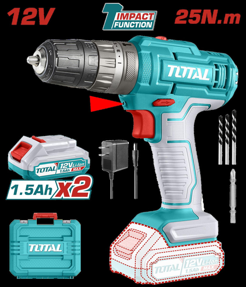 Taladro De Impacto Inalambrico 38 12V Incluye 2 Baterias 1 Cargador 3 Brocas Y  1 Punta Taladro  Super Total Utidli1228